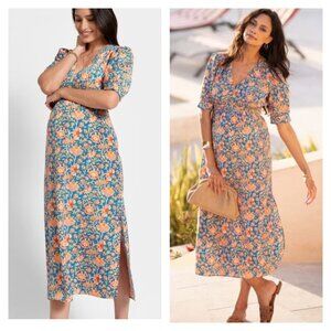 Seraphine Sz 2 Maternity Teal Pink Floral A-Line Midi Dress Empire Waist V-Neck